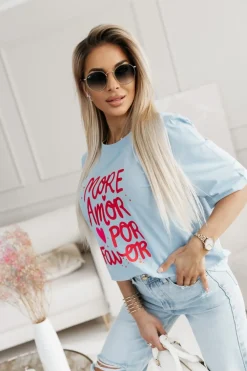 CandyTM T-SHIRT BAWEŁNIANY Z NAPISEM MORE AMOR POR FAVOR NIEBIESKI