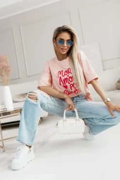 CandyTM T-SHIRT BAWEŁNIANY Z NAPISEM MORE AMOR POR FAVOR MORELOWY