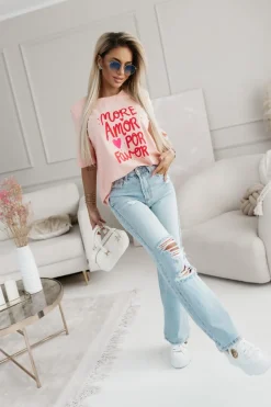 CandyTM T-SHIRT BAWEŁNIANY Z NAPISEM MORE AMOR POR FAVOR MORELOWY