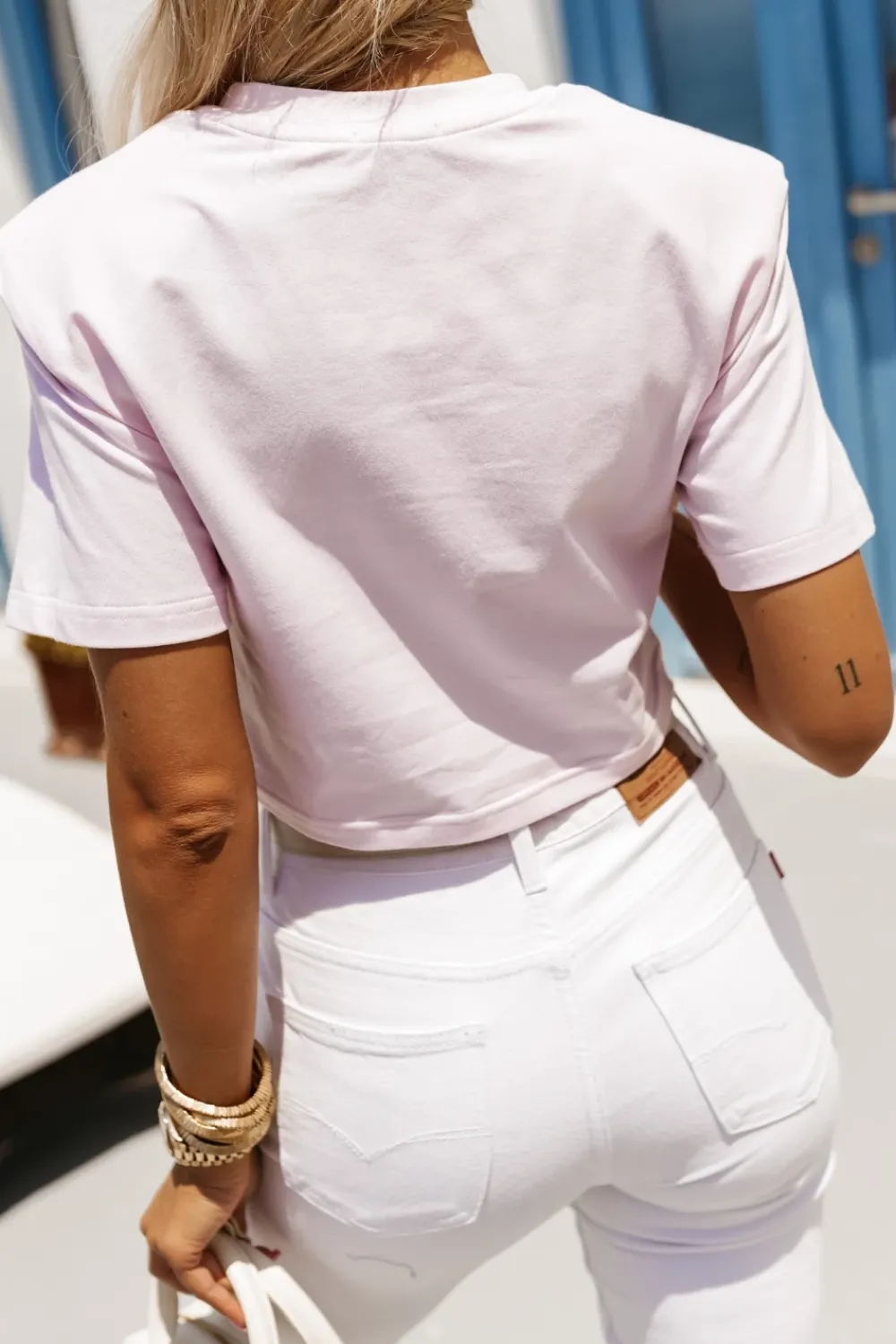 CandyTM T-SHIRT BAWEŁNIANY Z PODUSZKAMI NA RAMIONACH PUDROWY RÓŻ