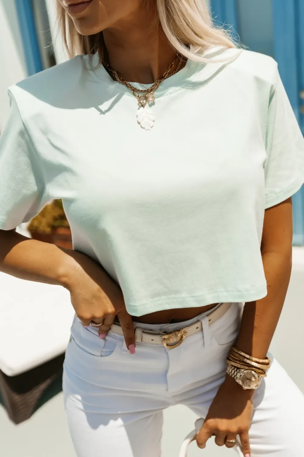 CandyTM T-SHIRT BAWEŁNIANY Z PODUSZKAMI NA RAMIONACH MIĘTOWY