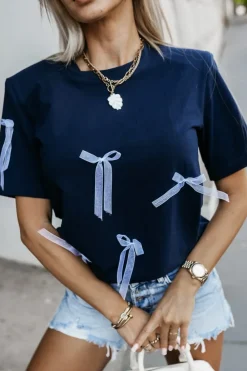 CandyTM T-SHIRT BAWEŁNIANY Z PODUSZKAMI NA RAMIONACH W KOKARDKI GRANATOWY