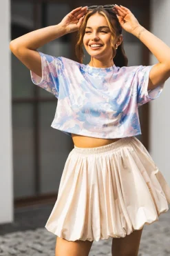 CandyTM T-SHIRT BAWEŁNIANY Z PODUSZKAMI NA RAMIONACH W KWIATY BŁĘKITNY