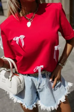 CandyTM T-SHIRT BAWEŁNIANY Z PODUSZKAMI NA RAMIONACH W KOKARDKI CZERWONY