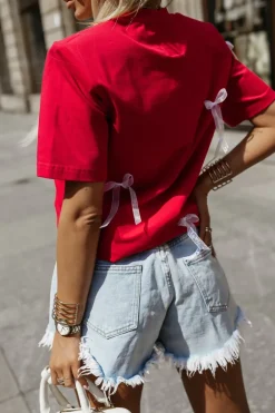 CandyTM T-SHIRT BAWEŁNIANY Z PODUSZKAMI NA RAMIONACH W KOKARDKI CZERWONY