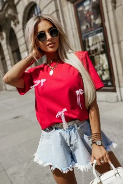 CandyTM T-SHIRT BAWEŁNIANY Z PODUSZKAMI NA RAMIONACH W KOKARDKI CZERWONY