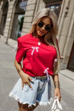 CandyTM T-SHIRT BAWEŁNIANY Z PODUSZKAMI NA RAMIONACH W KOKARDKI CZERWONY