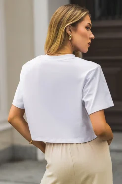 CandyTM T-SHIRT BAWEŁNIANY Z PODUSZKAMI NA RAMIONACH Z NAPISEM BIAŁO-ŻÓŁTY