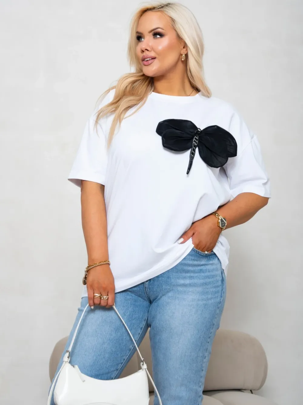 CandyTM T-SHIRT BAWEŁNIANY Z PRZYSZYTĄ WAŻKĄ BIAŁY