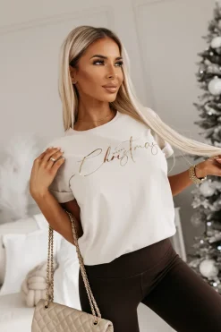 CandyTM T-SHIRT BAWEŁNIANY ZE ZŁOTYM NAPISEM MERRY CHRISTMAS BEŻOWY