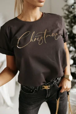 CandyTM T-SHIRT BAWEŁNIANY ZE ZŁOTYM NAPISEM MERRY CHRISTMAS BRĄZOWY