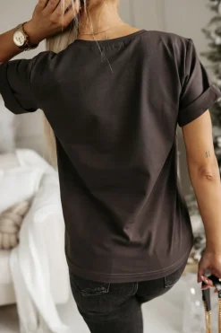 CandyTM T-SHIRT BAWEŁNIANY ZE ZŁOTYM NAPISEM MERRY CHRISTMAS BRĄZOWY