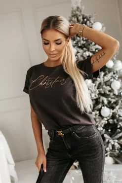 CandyTM T-SHIRT BAWEŁNIANY ZE ZŁOTYM NAPISEM MERRY CHRISTMAS BRĄZOWY