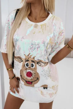 CandyTM T-SHIRT CEKINOWY RUDOLPH O KROJU OVERSIZE BIAŁY