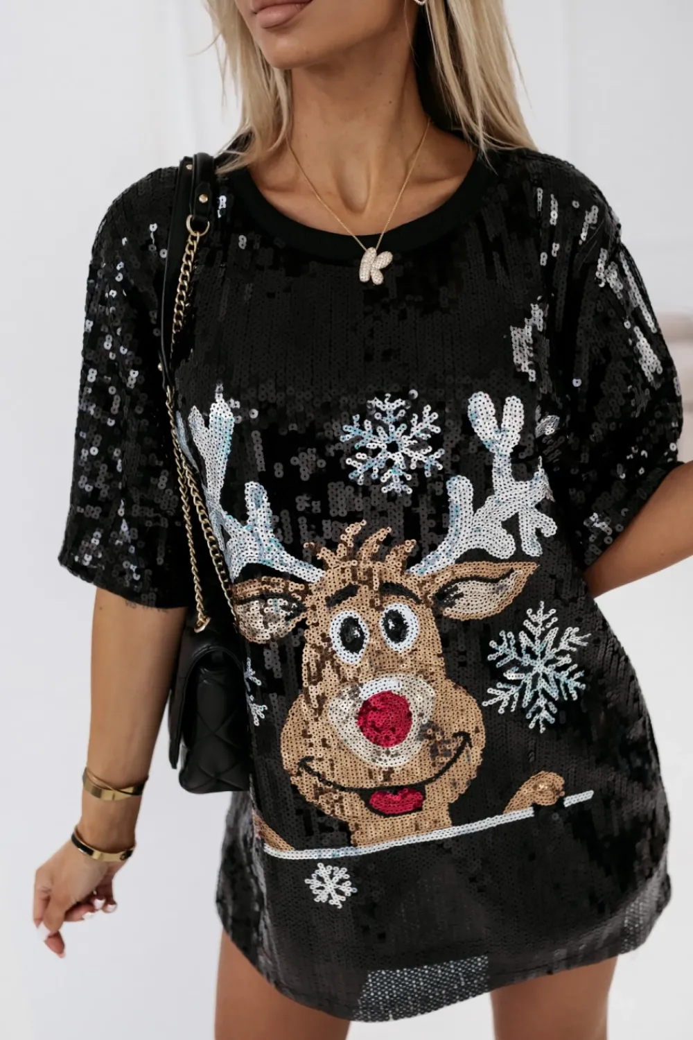 CandyTM T-SHIRT CEKINOWY RUDOLPH O KROJU OVERSIZE CZARNY