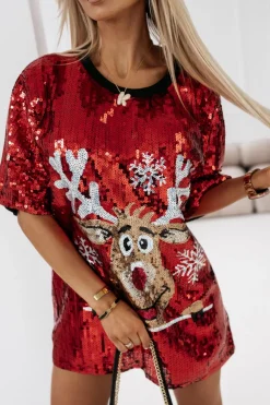 CandyTM T-SHIRT CEKINOWY RUDOLPH O KROJU OVERSIZE CZERWONY
