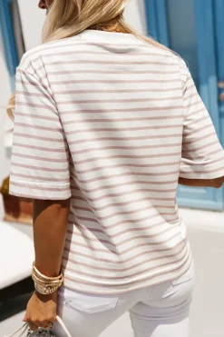 CandyTM T-SHIRT OVERSIZE Z NAPISEM BONBON W PASKI ECRU-RÓŻOWE