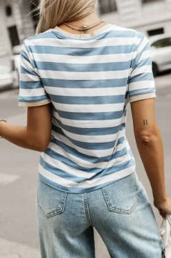 CandyTM T-SHIRT TOMMY Z WISKOZY W PASKI NIEBIESKIE-ECRU