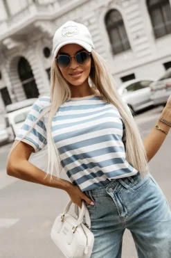 CandyTM T-SHIRT TOMMY Z WISKOZY W PASKI NIEBIESKIE-ECRU