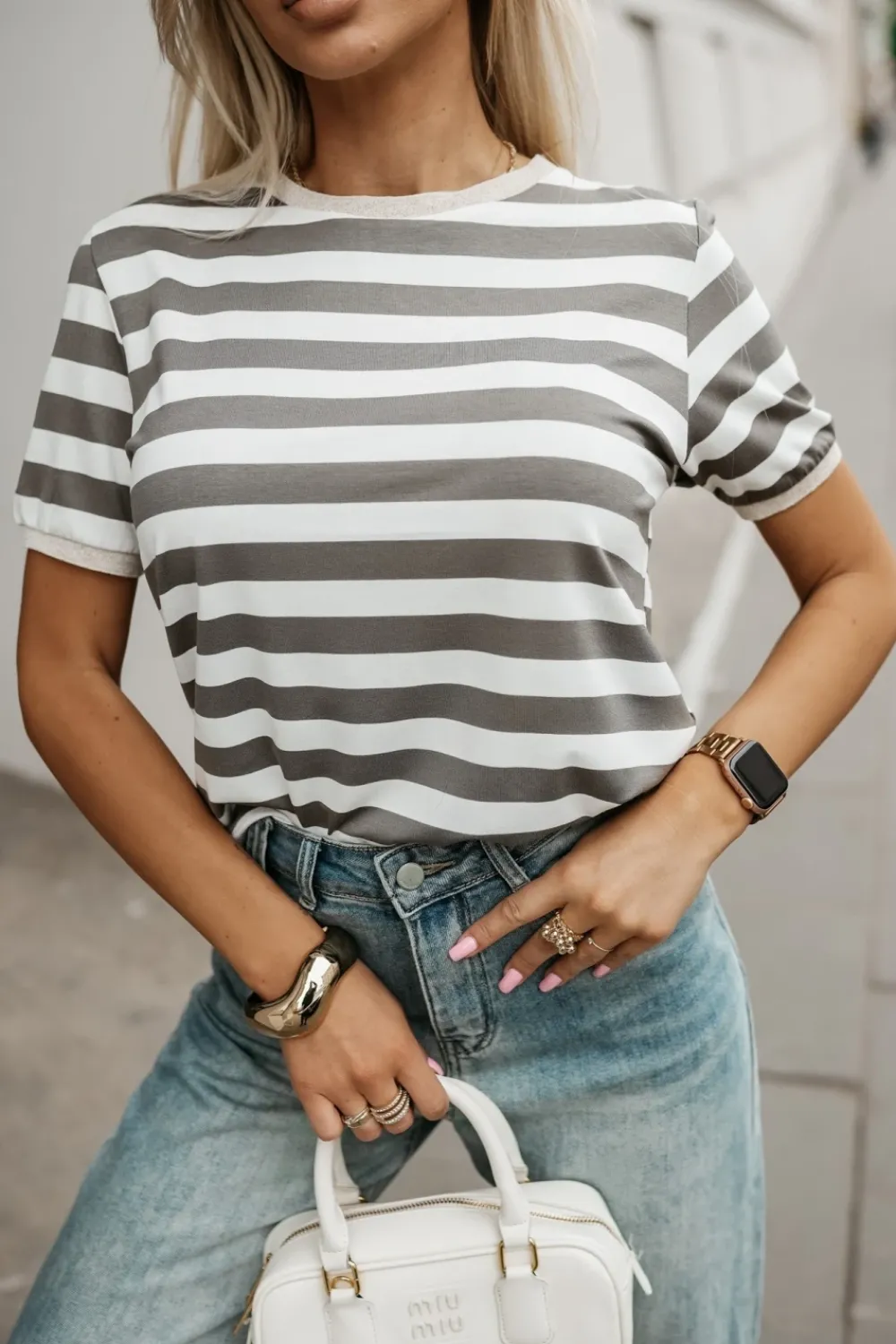 CandyTM T-SHIRT TOMMY Z WISKOZY W PASKI ZIELONE-ECRU