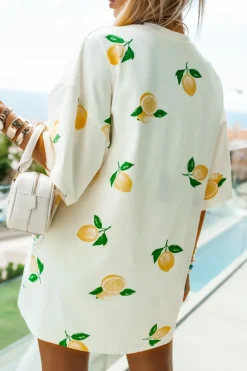 CandyTM T-SHIRT TUNIKA Z BAWEŁNY O KROJU OVERSIZE W CYTRYNY ECRU