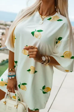 CandyTM T-SHIRT TUNIKA Z BAWEŁNY O KROJU OVERSIZE W CYTRYNY ECRU