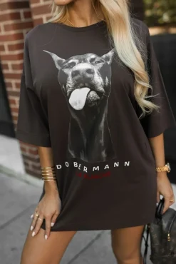 CandyTM T-SHIRT TUNIKA Z NADRUKIEM DOBERMAN CZEKOLADOWY