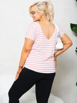 CandyTM T-SHIRT V-NECK Z WYCIĘCIEM NA PLECACH W PASKI BIAŁO-RÓŻOWE