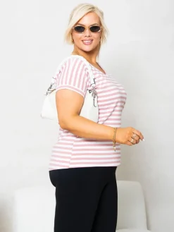 CandyTM T-SHIRT V-NECK Z WYCIĘCIEM NA PLECACH W PASKI BIAŁO-RÓŻOWE