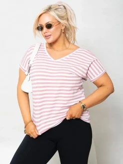 CandyTM T-SHIRT V-NECK Z WYCIĘCIEM NA PLECACH W PASKI BIAŁO-RÓŻOWE