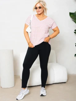 CandyTM T-SHIRT V-NECK Z WYCIĘCIEM NA PLECACH W PASKI BIAŁO-RÓŻOWE