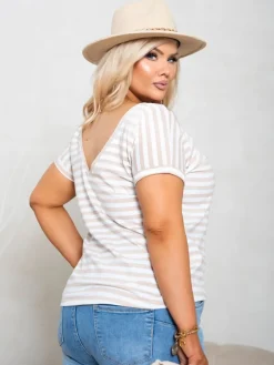 CandyTM T-SHIRT V-NECK Z WYCIĘCIEM NA PLECACH W PASKI BIAŁO-BEŻOWE