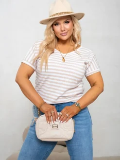 CandyTM T-SHIRT V-NECK Z WYCIĘCIEM NA PLECACH W PASKI BIAŁO-BEŻOWE