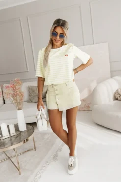 CandyTM T-SHIRT Z HAFTEM WISIENKI W PASKI BIAŁO-ŻÓŁTE