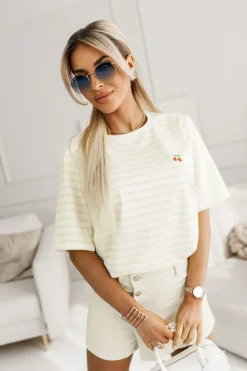 CandyTM T-SHIRT Z HAFTEM WISIENKI W PASKI BIAŁO-ŻÓŁTE