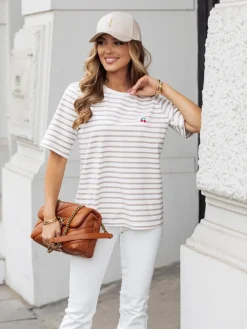 CandyTM T-SHIRT Z HAFTEM WISIENKI W PASKI BIAŁO-BEŻOWE