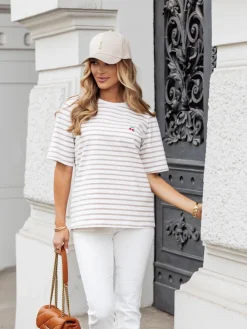 CandyTM T-SHIRT Z HAFTEM WISIENKI W PASKI BIAŁO-BEŻOWE