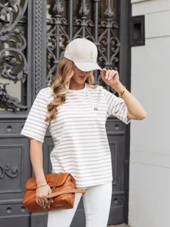 CandyTM T-SHIRT Z HAFTEM WISIENKI W PASKI BIAŁO-BEŻOWE