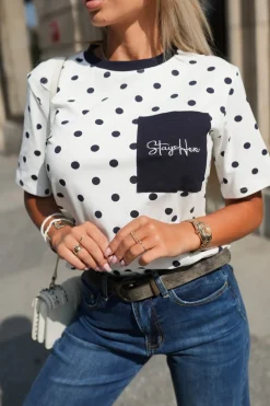 CandyTM T-SHIRT Z KIESZONKĄ W GRANATOWE KROPKI BIAŁY