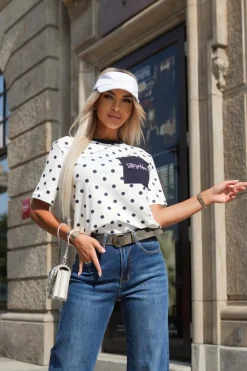 CandyTM T-SHIRT Z KIESZONKĄ W GRANATOWE KROPKI BIAŁY