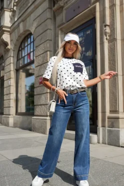 CandyTM T-SHIRT Z KIESZONKĄ W GRANATOWE KROPKI BIAŁY