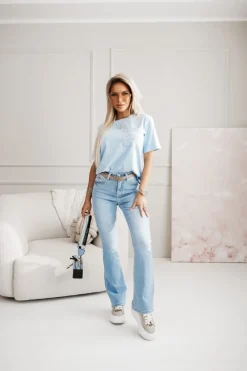 CandyTM T-SHIRT Z KIESZONKĄ Z HAFTOWANYM NAPISEM BŁĘKITNY