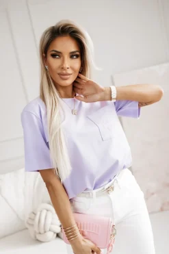 CandyTM T-SHIRT Z KIESZONKĄ Z HAFTOWANYM NAPISEM FIOLETOWY