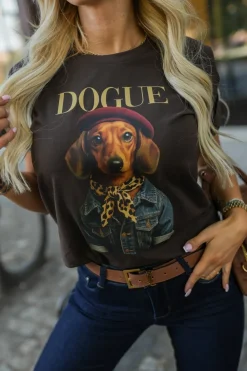 CandyTM T-SHIRT Z NADRUKIEM DOGUE CZEKOLADOWY