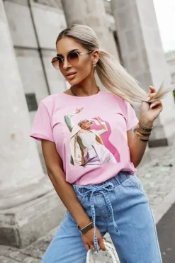 CandyTM T-SHIRT Z NADRUKIEM KOBIETA W OKULARACH RÓŻOWY
