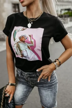 CandyTM T-SHIRT Z NADRUKIEM KOBIETA W OKULARACH CZARNY