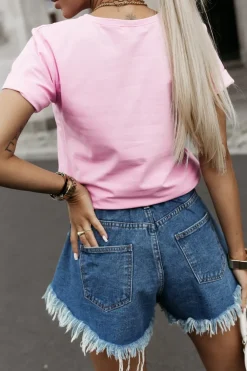 CandyTM T-SHIRT Z NADRUKIEM KOBIETA NA PLAŻY RÓŻOWY