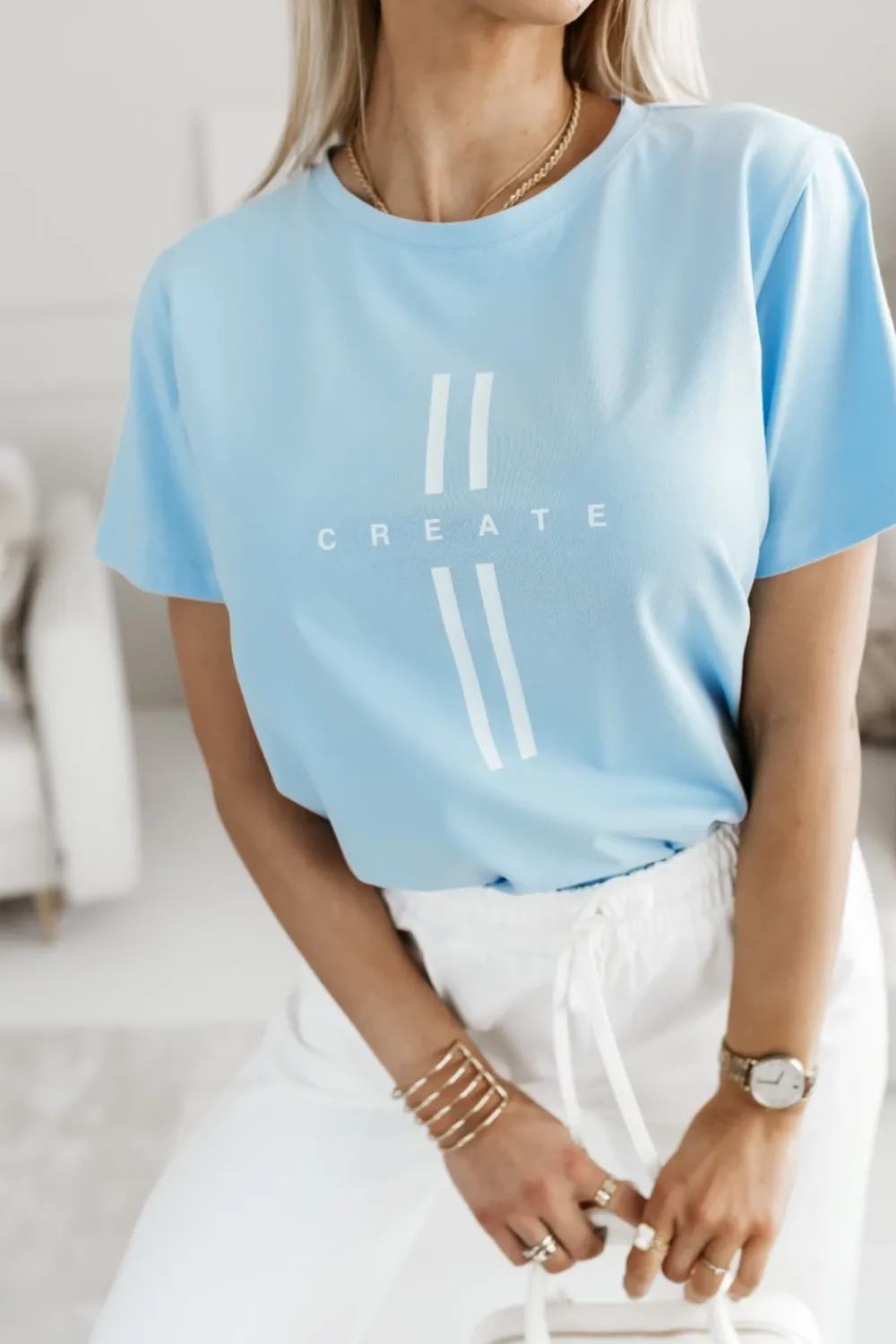 CandyTM T-SHIRT Z NAPISEM CREATE BŁĘKITNY