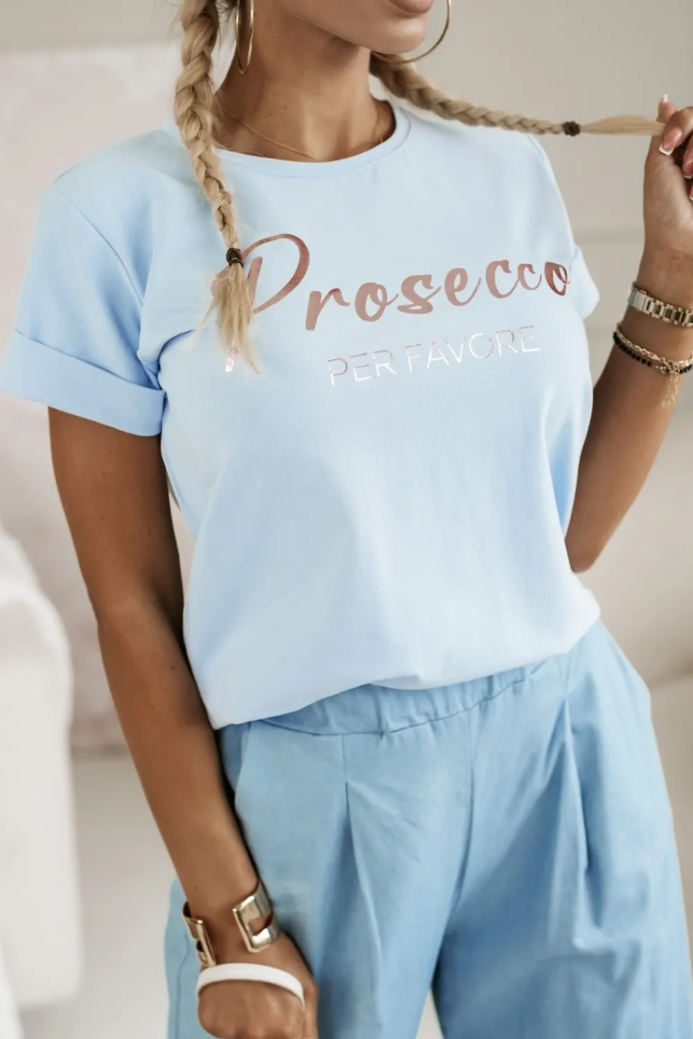 CandyTM T-SHIRT Z NAPISEM PROSECCO BŁĘKITNY
