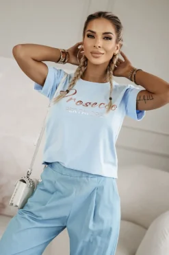 CandyTM T-SHIRT Z NAPISEM PROSECCO BŁĘKITNY